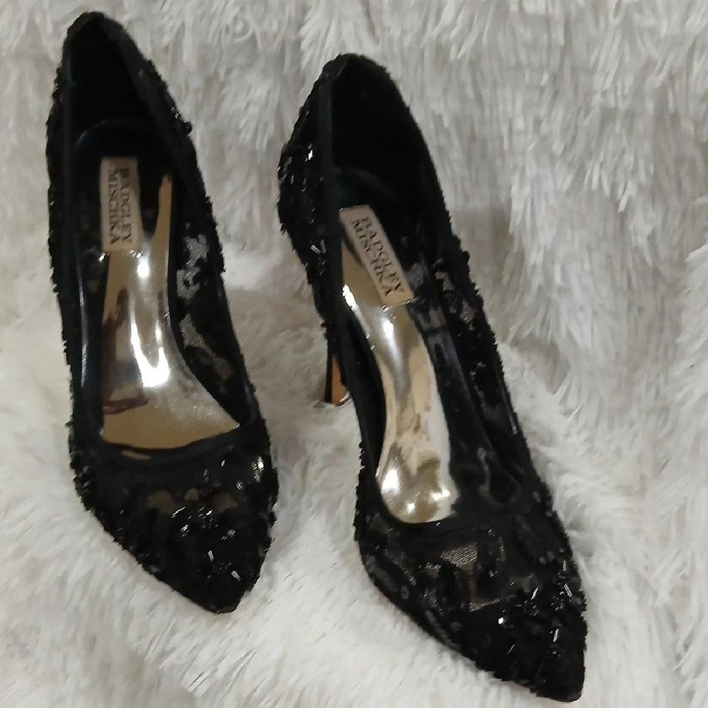 Badgley Mischka Black Sequin Lace Heels - Picture 3 of 9